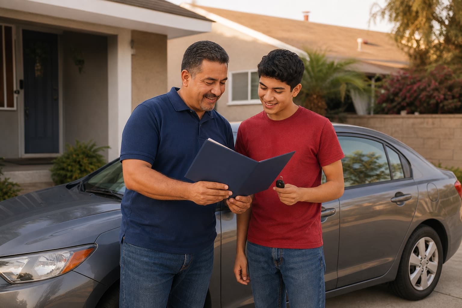 Los Angeles parent and teen reviewing insurance beside a parked family car