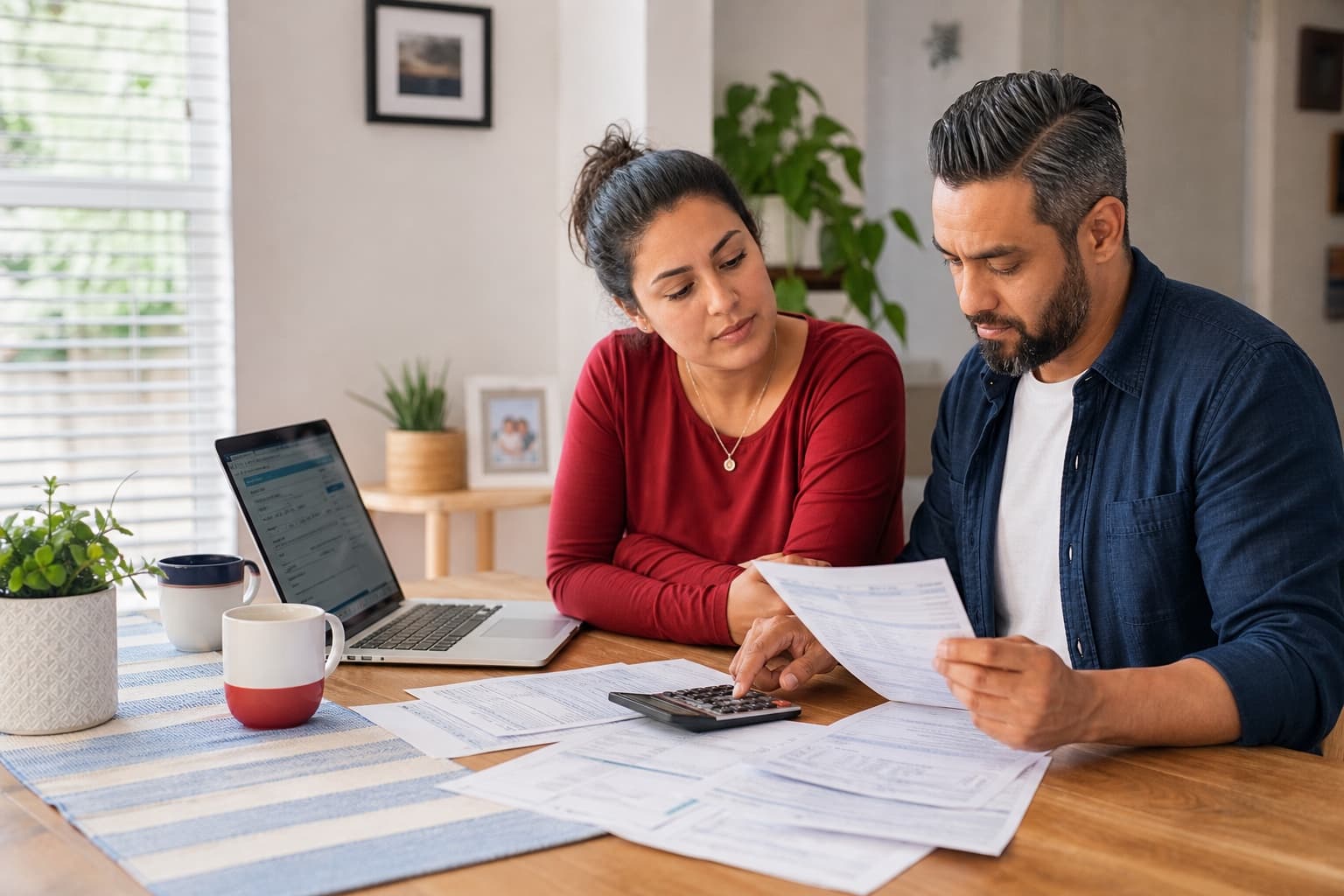 Los Angeles couple reviewing pay stubs and tax withholding at a dining table