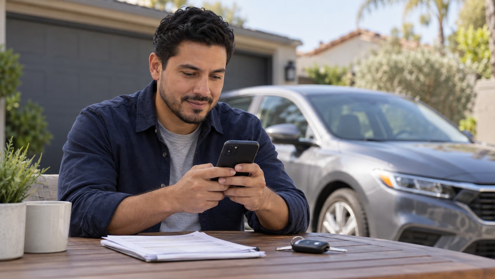 California vehicle seller reviewing his phone beside sale paperwork, car keys, and a parked sedan