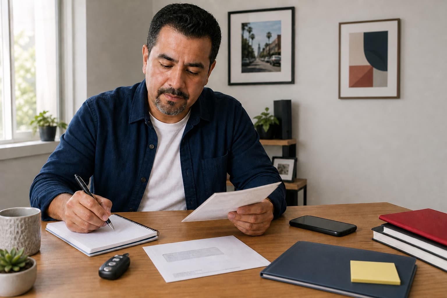 California driver organizing vehicle details to replace a registration card or sticker
