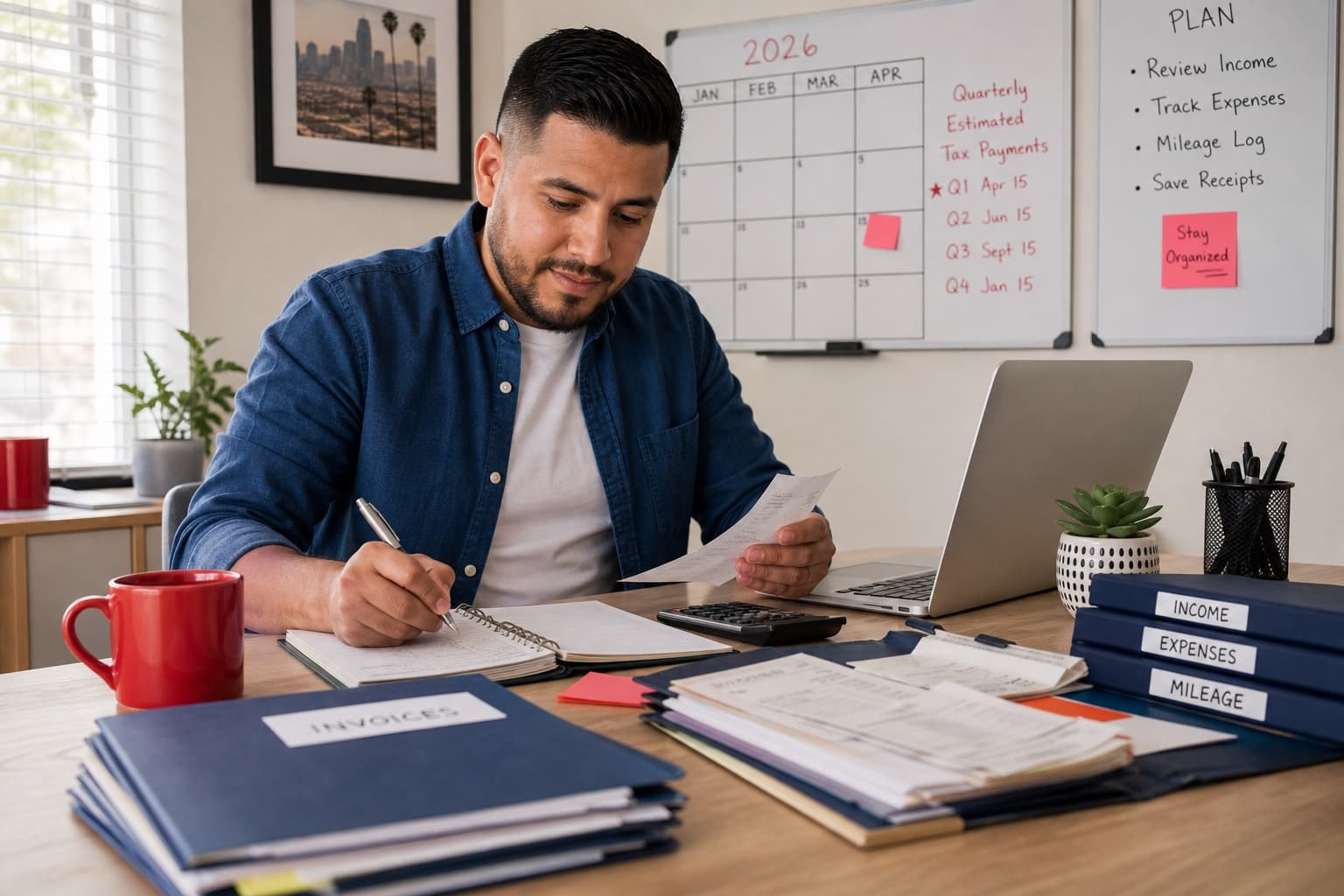 Self-employed Los Angeles worker organizing receipts and estimated-tax records