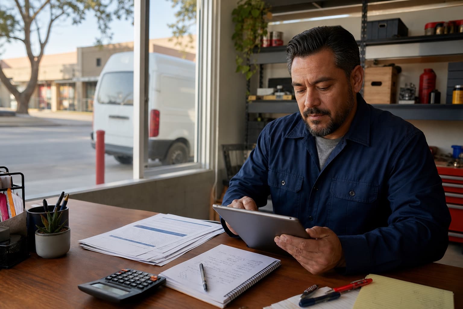 Dueño de pequeño negocio en Los Ángeles revisando registros de seguro en su taller