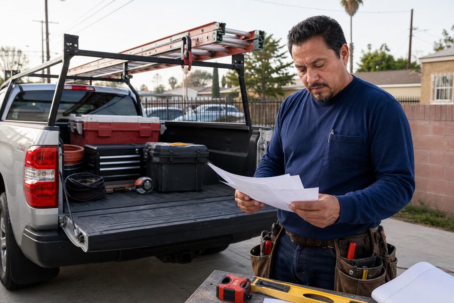 Los Angeles contractor reviewing papers beside a work pickup loaded with tools